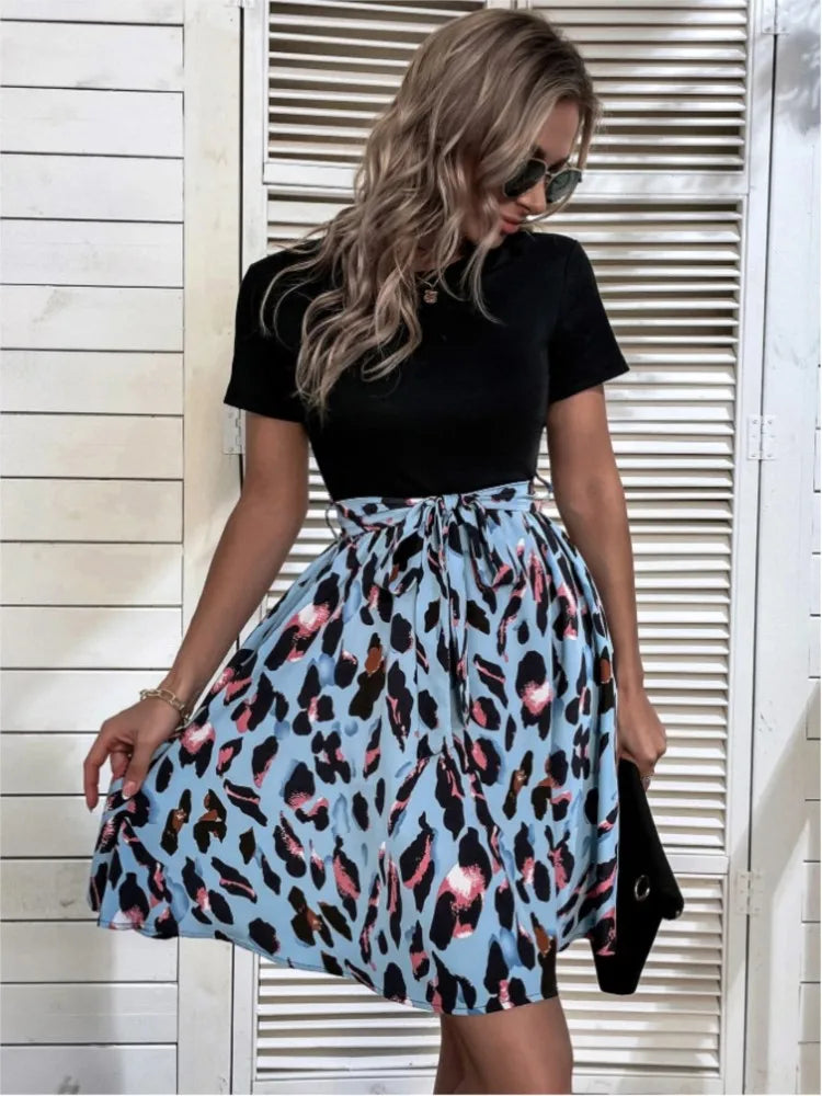Ladies Leopard Print 2025 Summer New Dress Black Round Neck Short Sleeves Patchwork Printed Strap Bow Foreign Style Mini Dresses