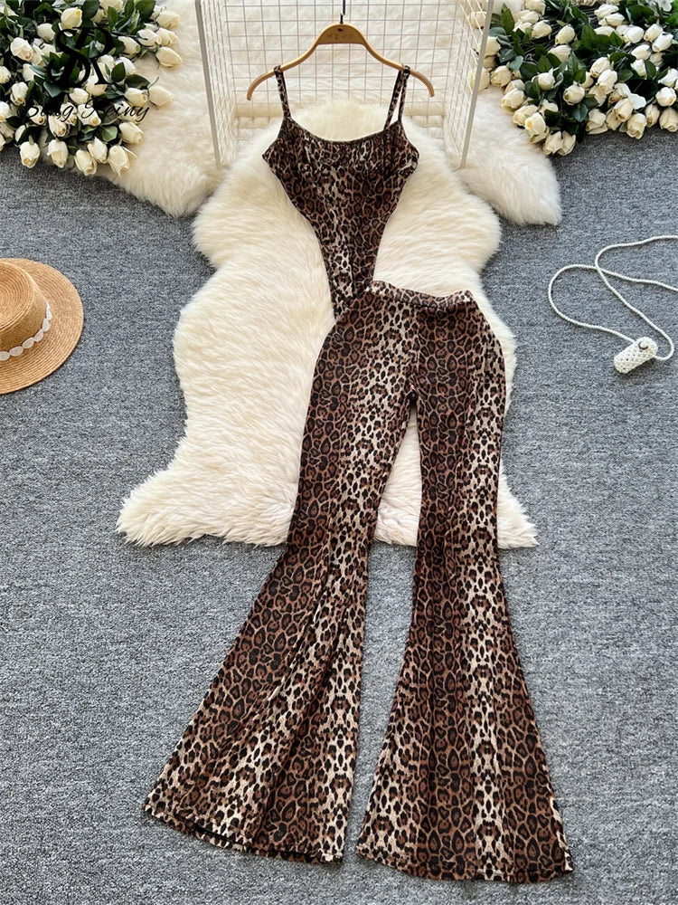 SINGREINY  Newest Leopard 2pcs Suits Women Sexy Strap Tops+Elastic Waist Flared Pants American Ins Fashion Hotsweet Sets