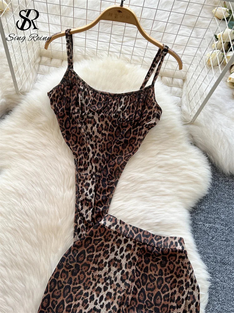 SINGREINY  Newest Leopard 2pcs Suits Women Sexy Strap Tops+Elastic Waist Flared Pants American Ins Fashion Hotsweet Sets