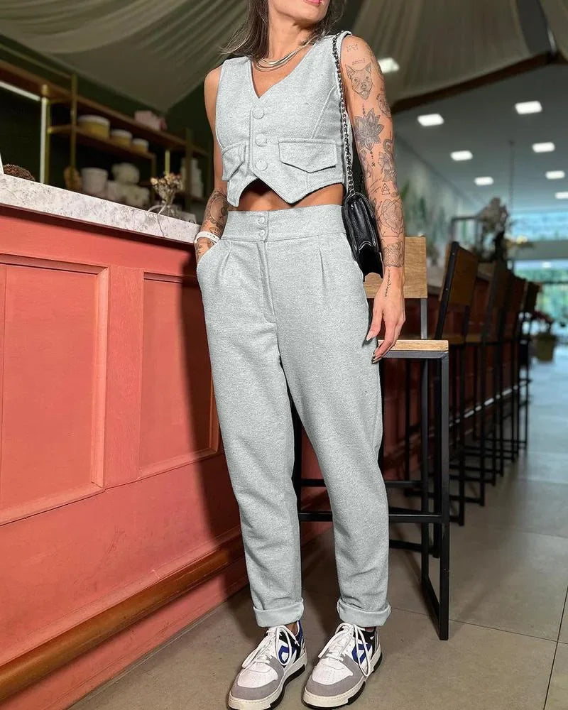 Two Piece Sets Women V Neck Sleeveless Single Breasted Vest Tops Casual Straight Long Pants