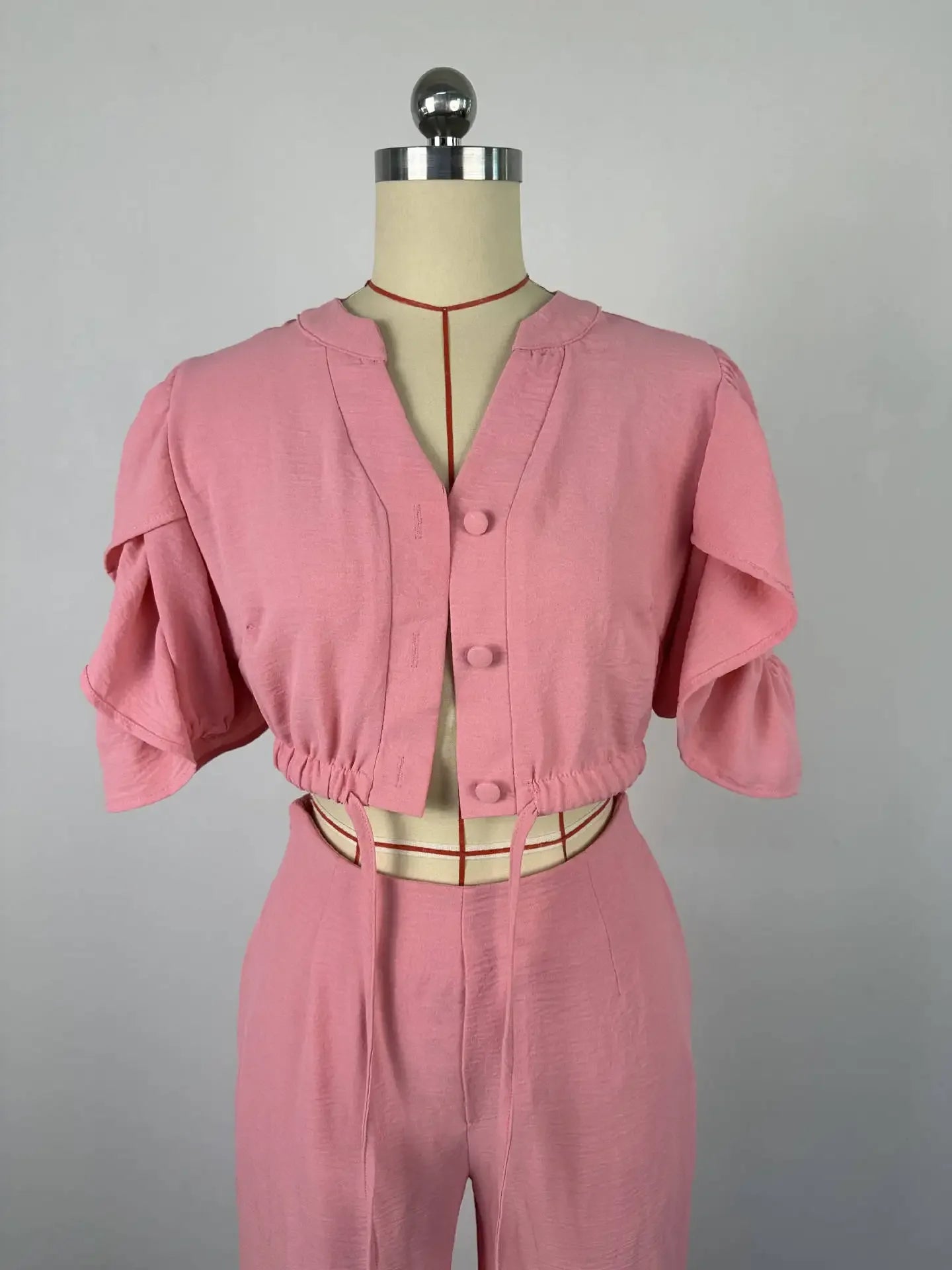 2pcs Women's Clothing Set Summer New Fashion V-neck Flare Sleeve Lace-up Top & Wide-leg Trousers Casual Suit